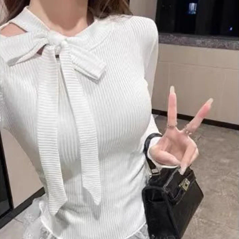 

Autumn Style Spring Fashion Lace Stitching T-shirt Bow Design Shirt Sweet Girl Casual Top Pull Streetwear Black