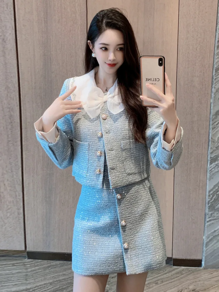 Women Clothing 2024 New Arrivals Luxury Tweed Two Piece Set For Women Sweet Bow Jacket Coat + Skirt 2 Piece Sets Women Outfit