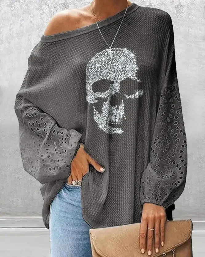 

Glitter Skeleton Lantern Sleeve Top Fashion Woman Blouses 2023 Shirts Round Neck Long Sleeves Female Clothing Autumn Spring