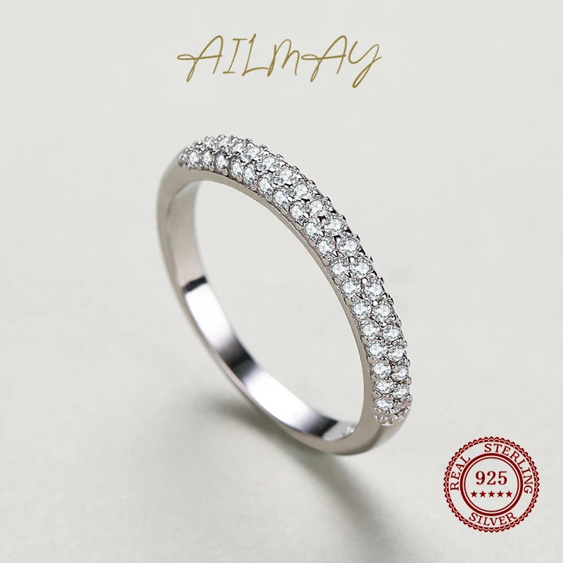 Ailmay New Fashion Solid 925 Sterling Silver Stackable Clear CZ Finger Ring For Women Luxury Wedding Accessories Jewelry Gift