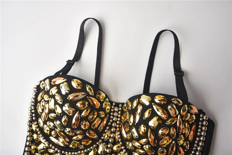 Gold Beads & Rhinestone Bustier Crop Top Women Underwear Sexy Push Up Bra Stage Party Club Rock Rave Luxury Bralette With Straps