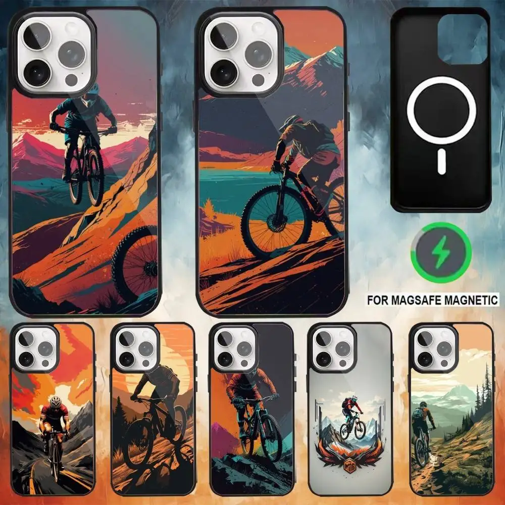 Casing Ponsel Seni Bersepeda Sepeda Gunung Untuk iPhone17,16,15,14,13,12,11 Plus,Pro Max Pengisian Daya Nirkabel Magnetik Magsafe