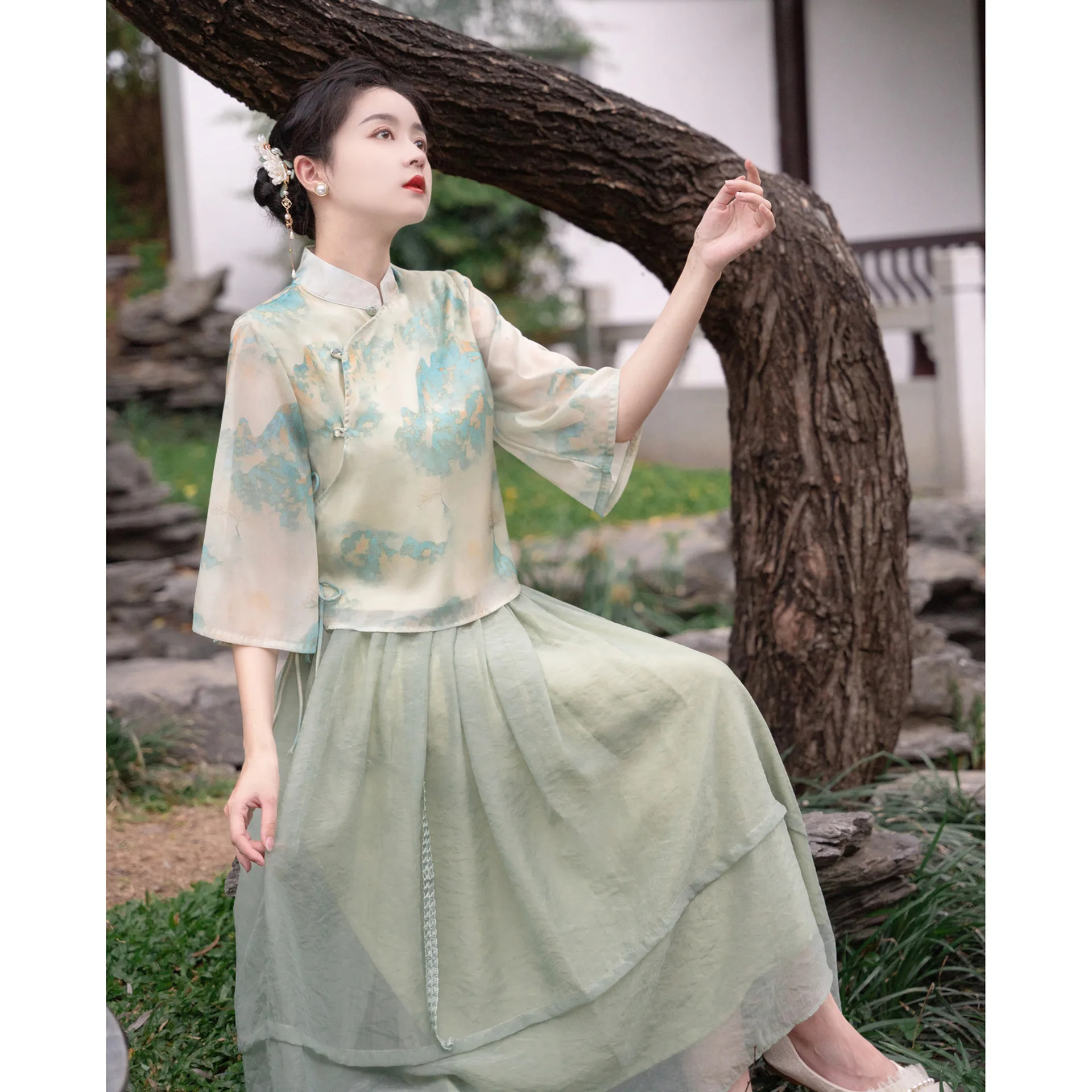 

Yourqipao Summer Retro Literary Fresh Qipao Three-quarter Sleeve Zen Daily Shirt Chinese Style Tops Hanfu Dress Sets for Women