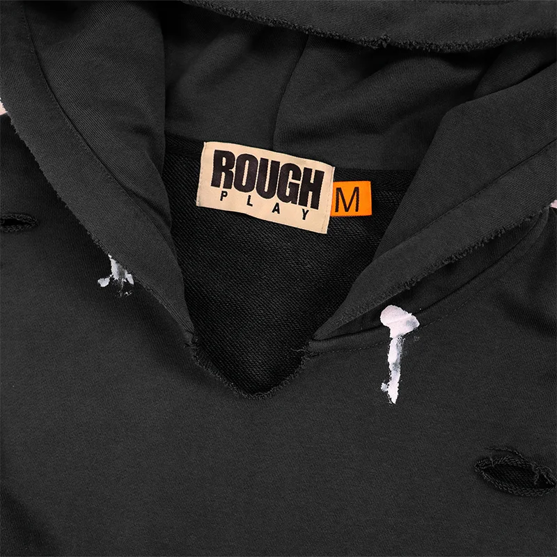 Rough Play Vintage Splash Ink Print Hoodie Men Distressed Hole Letter Logo Street Pullover