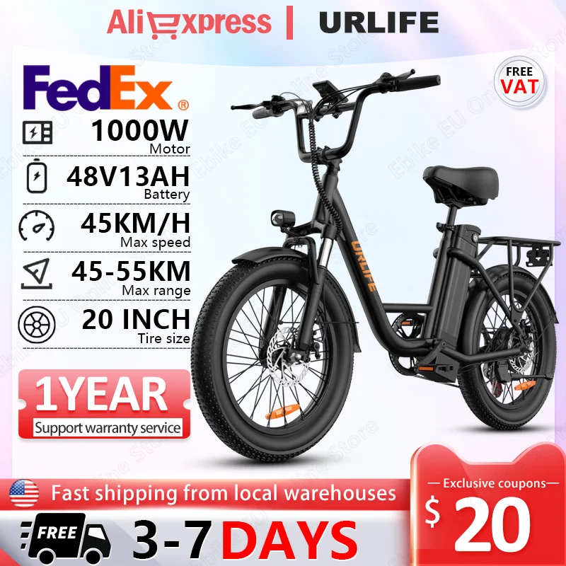 

URLIFE E20 Electric Bike 1000W Motor 48V13AH Battery E Bike LCD High Definition Display 20"*3.0-inch Fat Tires Electric Bicycle