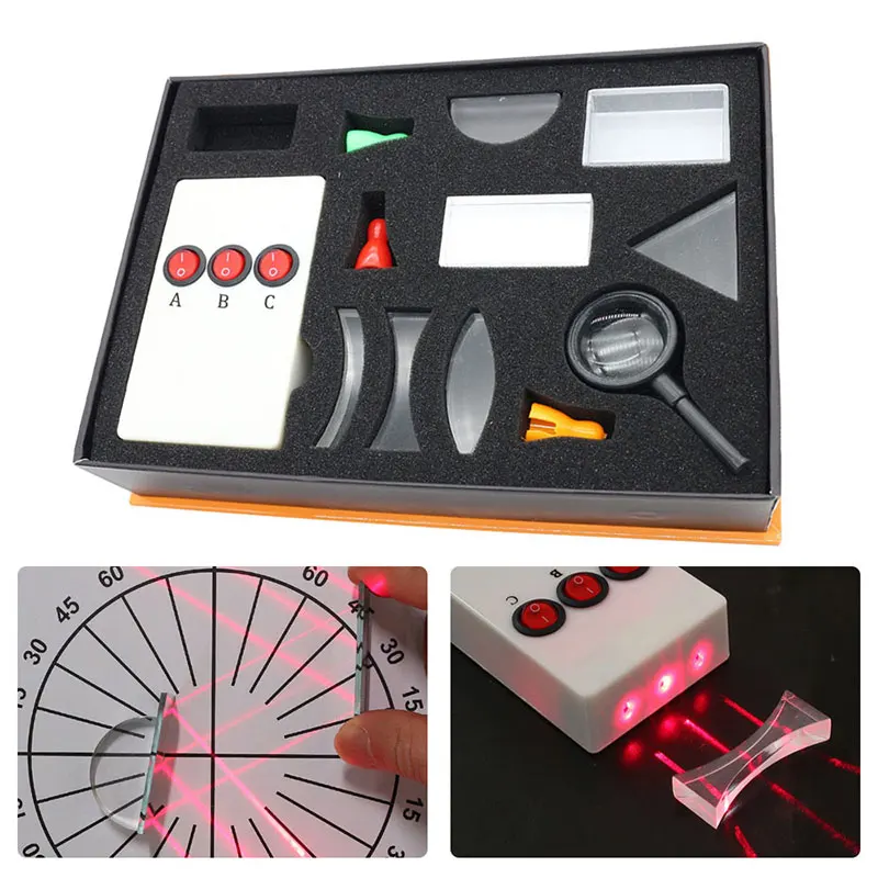 Optical Experiment Box Grupo Prisma Triangular Lente Convexa Espelho Côncavo Linhas Laser Semicondutor Fonte de Luz Física
