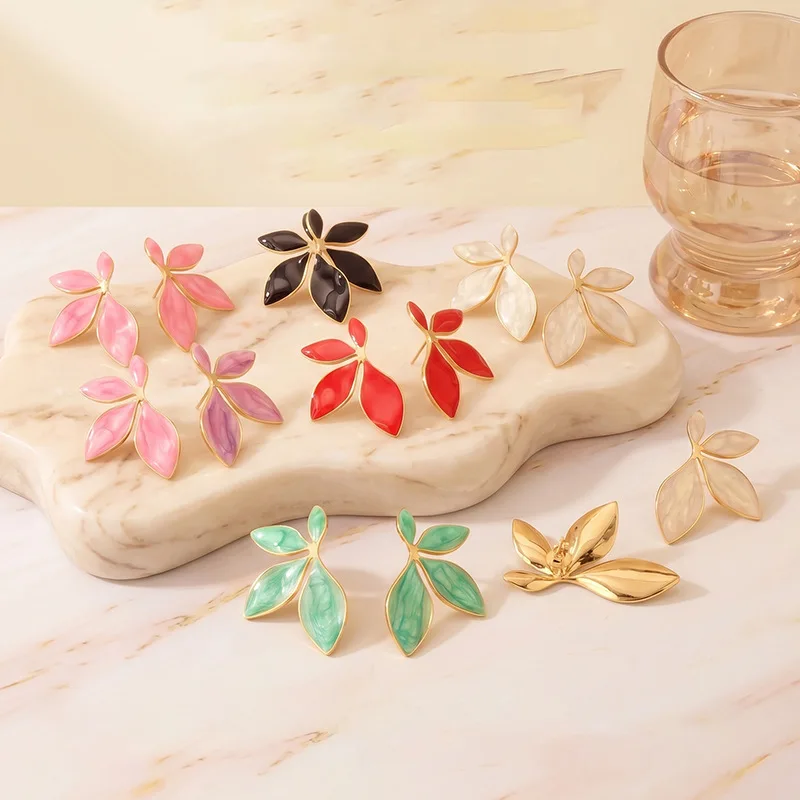 Stainless Steel Colorful Dripping Oil Flower Stud Earrings for Women Vintage Gold Color Petal Temperament Earrings Jewelry Gifts