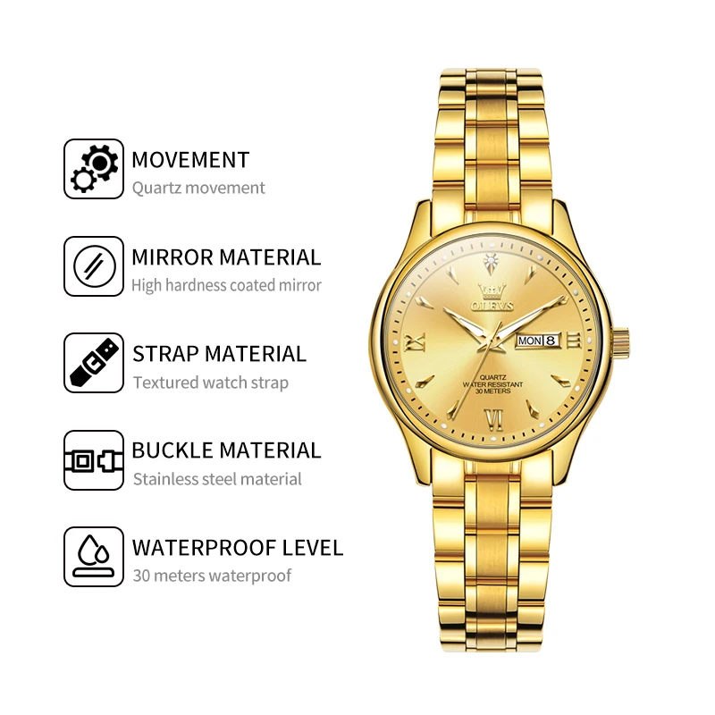 OLEVS jam tangan kuarsa wanita, arloji 9806 dengan minggu dan kalender