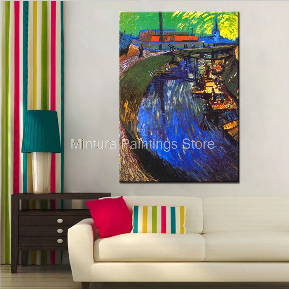 Mintura Hand-Painted Vincent Van Gogh Reproduction Oil Paintings Women Washing On A Canal Frameless Art On Canvas,For,Home Decor