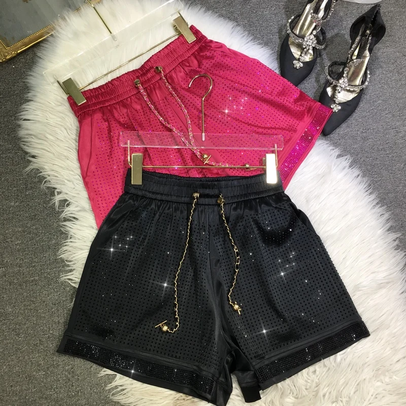 

High Quality Full Diamonds Hot Drilling Women Shorts All-match Elastic High Waist Straight Pants Silky Summer Cool Hot Shorts