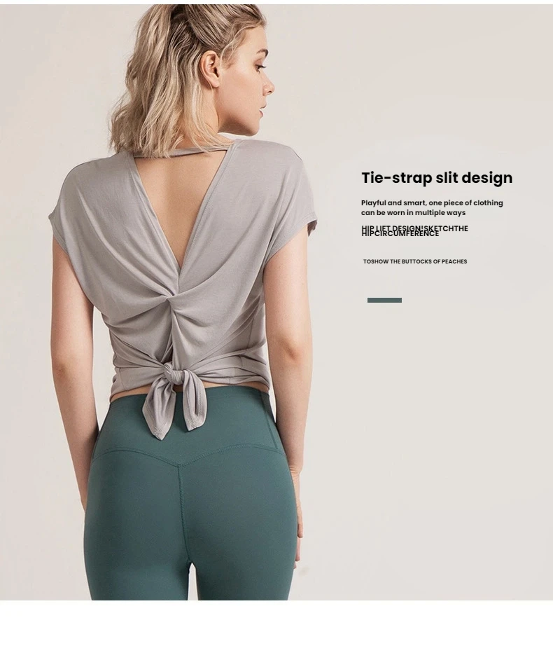 Women's Split Side Yoga Top Sexy Open Back Fitness T-shirt Loose Fit Workout Tee Running Sports Cover Gym Wear Woman Clothing