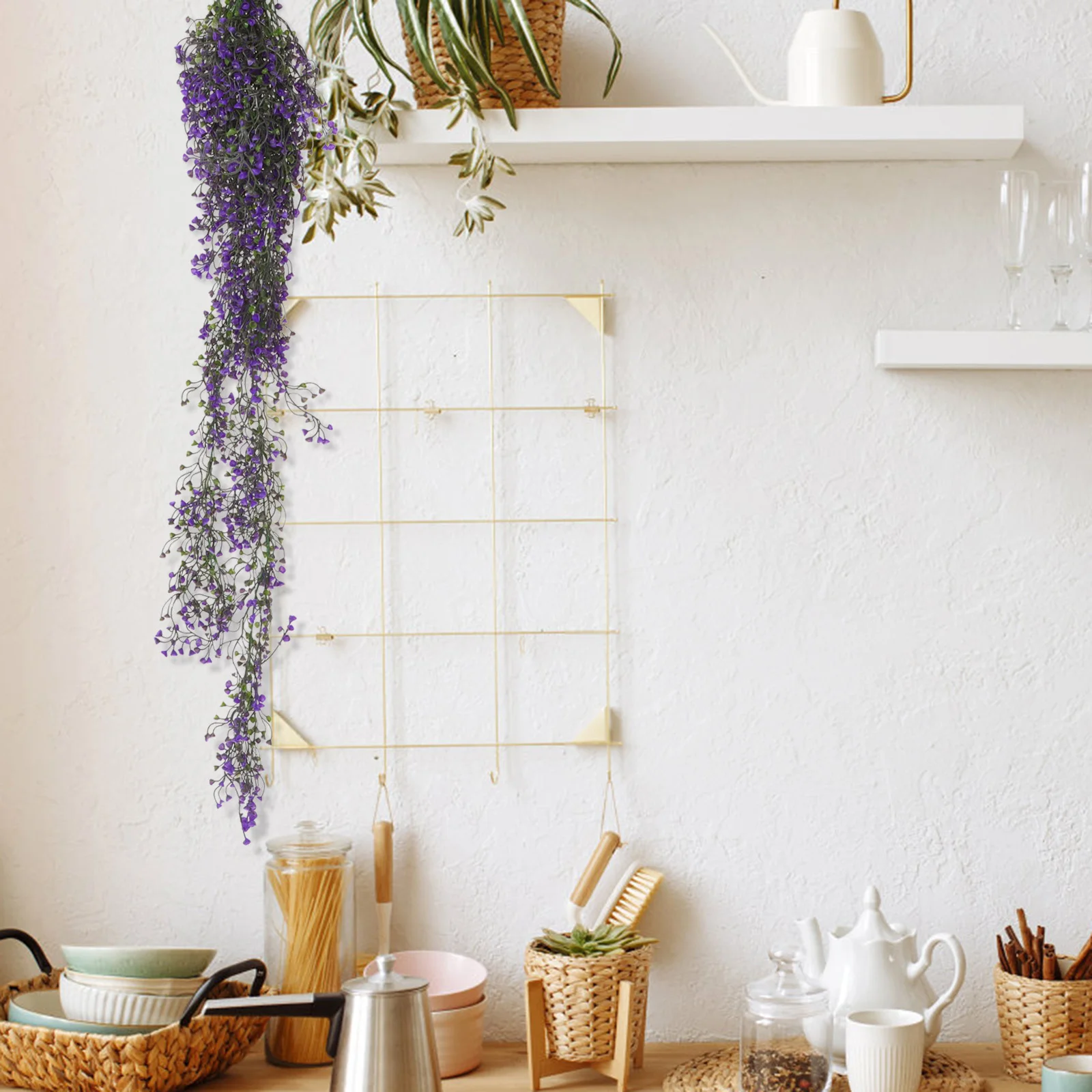 

1pcs Artificial Hanging Lavender Vine Wall Decor Fake Garland Green Plants Outdoor Boho Style Purple Ferns Faux Wisteria Flower