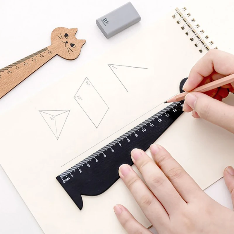 Creative Cat Wooden Ruler Graduated Ruler 15cm Drawing Tools Student Stationery Office Measuring Tools Cartoon Gift