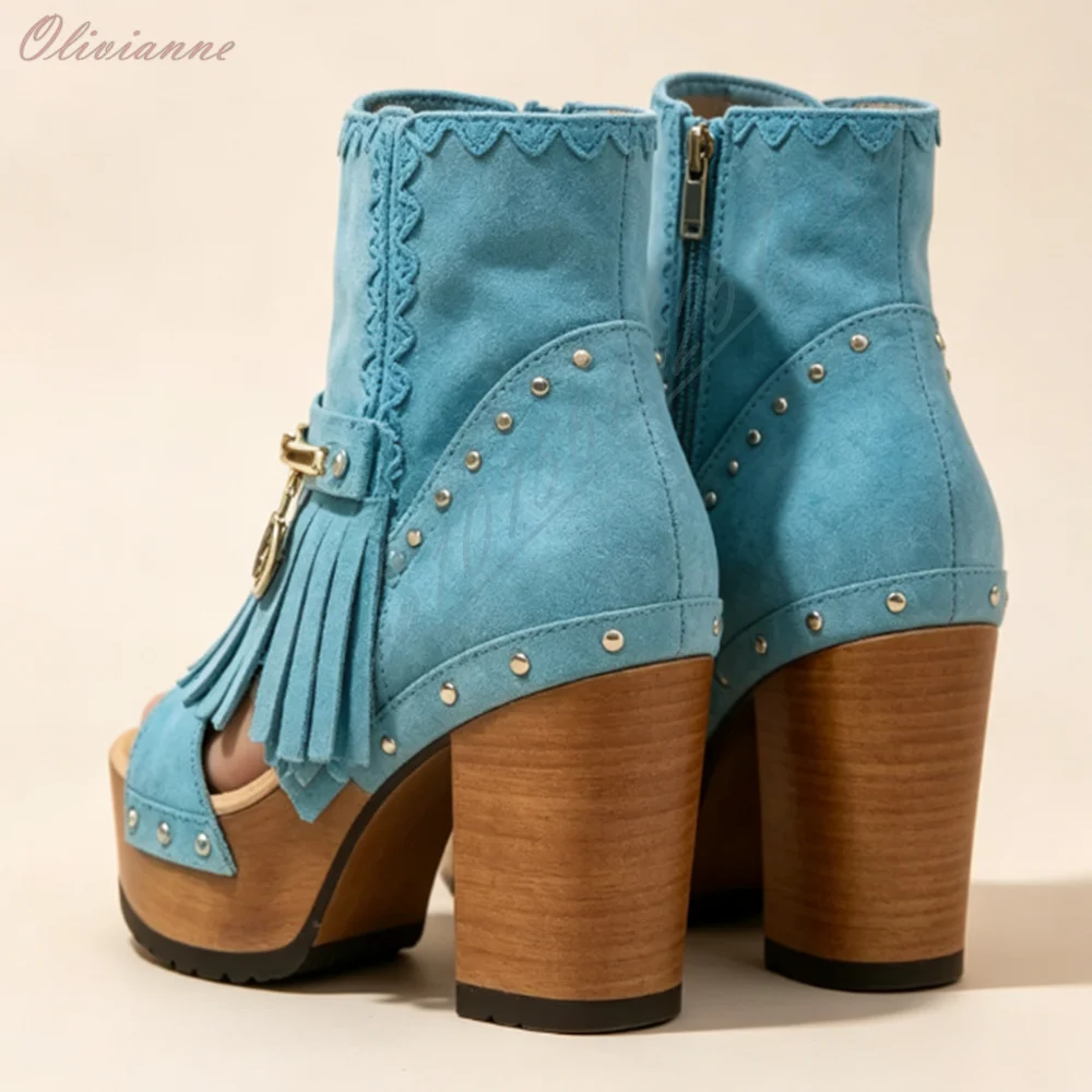 Women Sky Blue Fringe Platform Ankle Boots Peep Toe Rivet Shell Decor Chunky High Heel Side Zipper Western Style Women Shoes