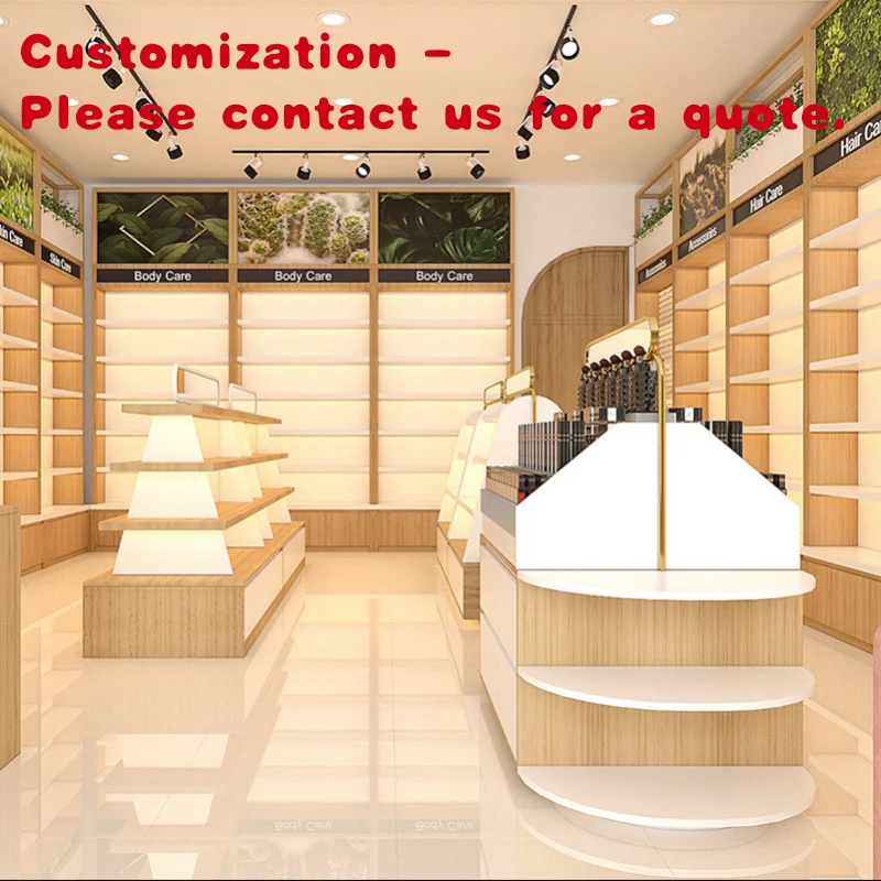 custom.Vintage Makeup Store Display Decoration Design Wooden Makeup Island Counter Custom Makeup Display Wall Cabinet