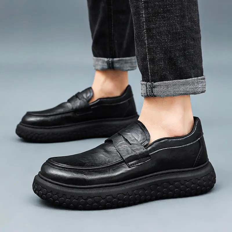 2026 New Men's Loafers Soft Leather Height Increasing Thick Sole Slip on Casual Business Shoes Autumn view 3