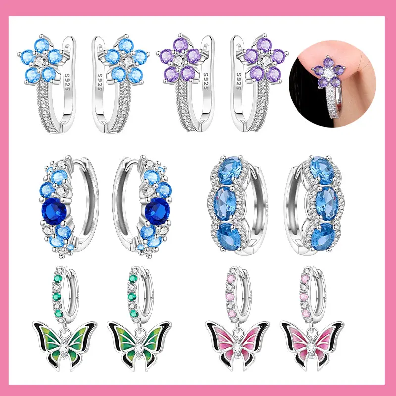 

925 Sterling Silver Blue Zircon Starry Sky Butterfly Earring Original Jewelry Hoop Earrings Women Jewelry Party Trendy Gifts