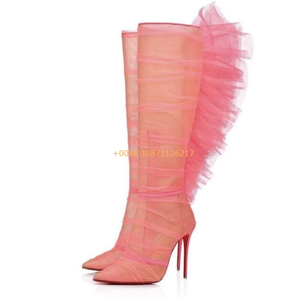 Roze Sexy Kant Kniehoge Laarzen 2024 Herfst Nieuwe Mode Vrouwen Wees Stiletto Mesh Laarzen Model Catwalk Street Party casual Laarzen