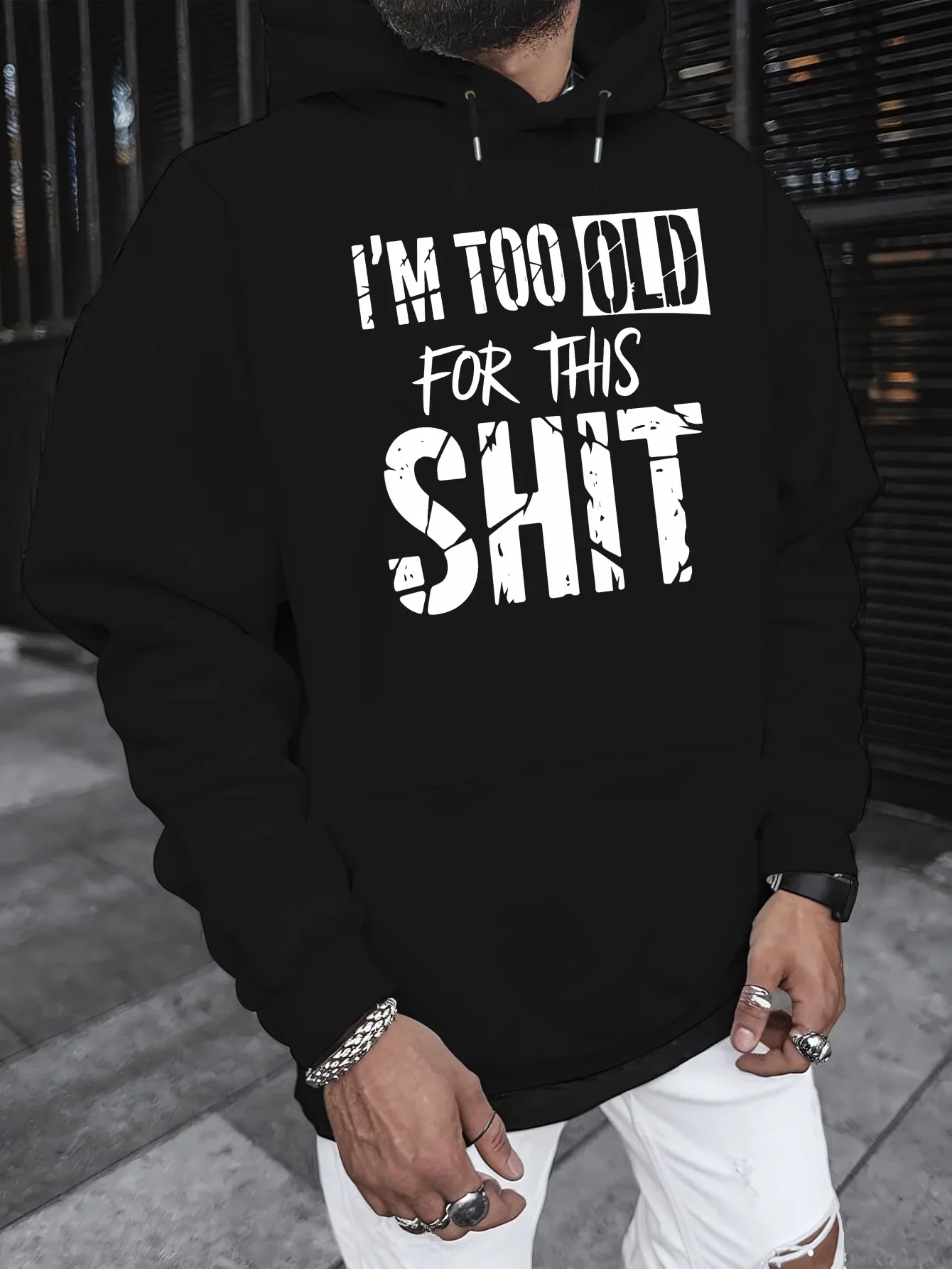 Men Casual Humor Hoodie Sarcastic Aging Vibe Cracked Letter Chest Print Long Sleeve Loose Pullover Autumn Winter Fleece Lined