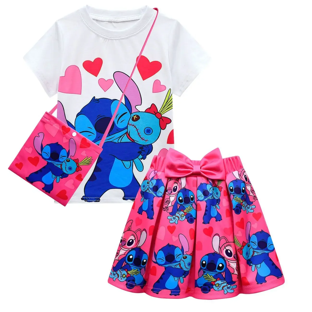 4pcs Stitch Children's Set Short Sleeve Pleated Skirt Bag Baby Toddler Girl Clothes Outfit Set Causal Dress Going Out Suit