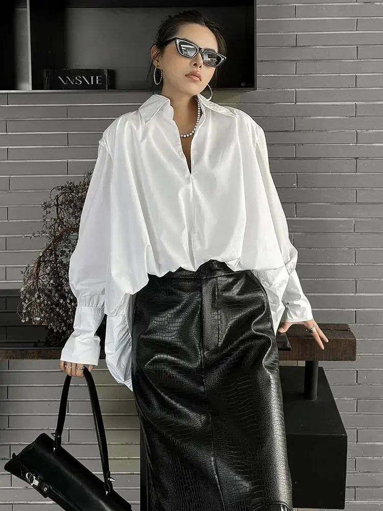 High Quality White Back Long Women Irregular Big Size Blouse New V-Neck Long Sleeve Shirt Fashion Spring Autumn 2026 6GK8