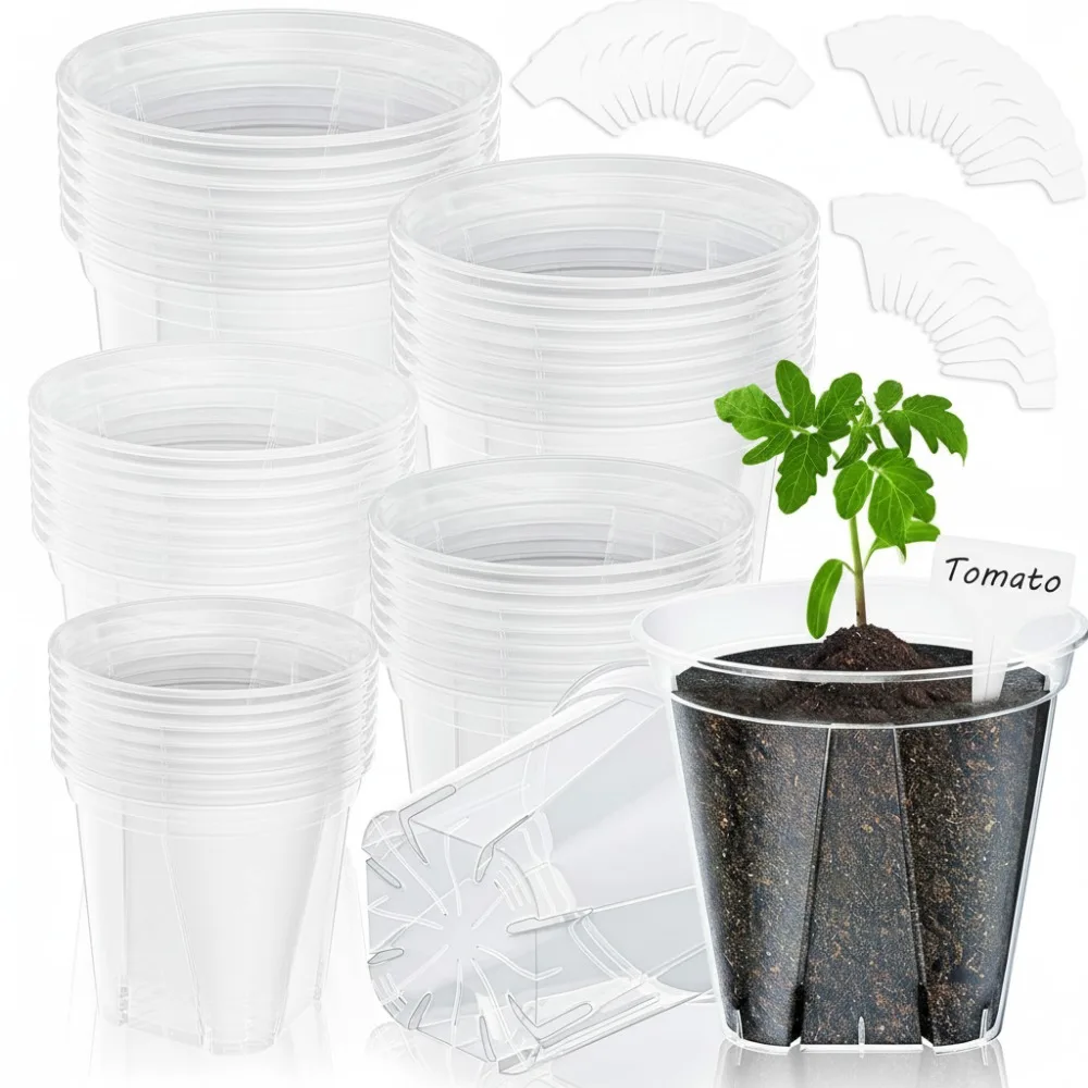 

40 Pack Clear Plastic Plant Pots with Drainage Holes, 3.9-6.3 Inch High Transparency Nursery Pots for Succulents Seed Starter