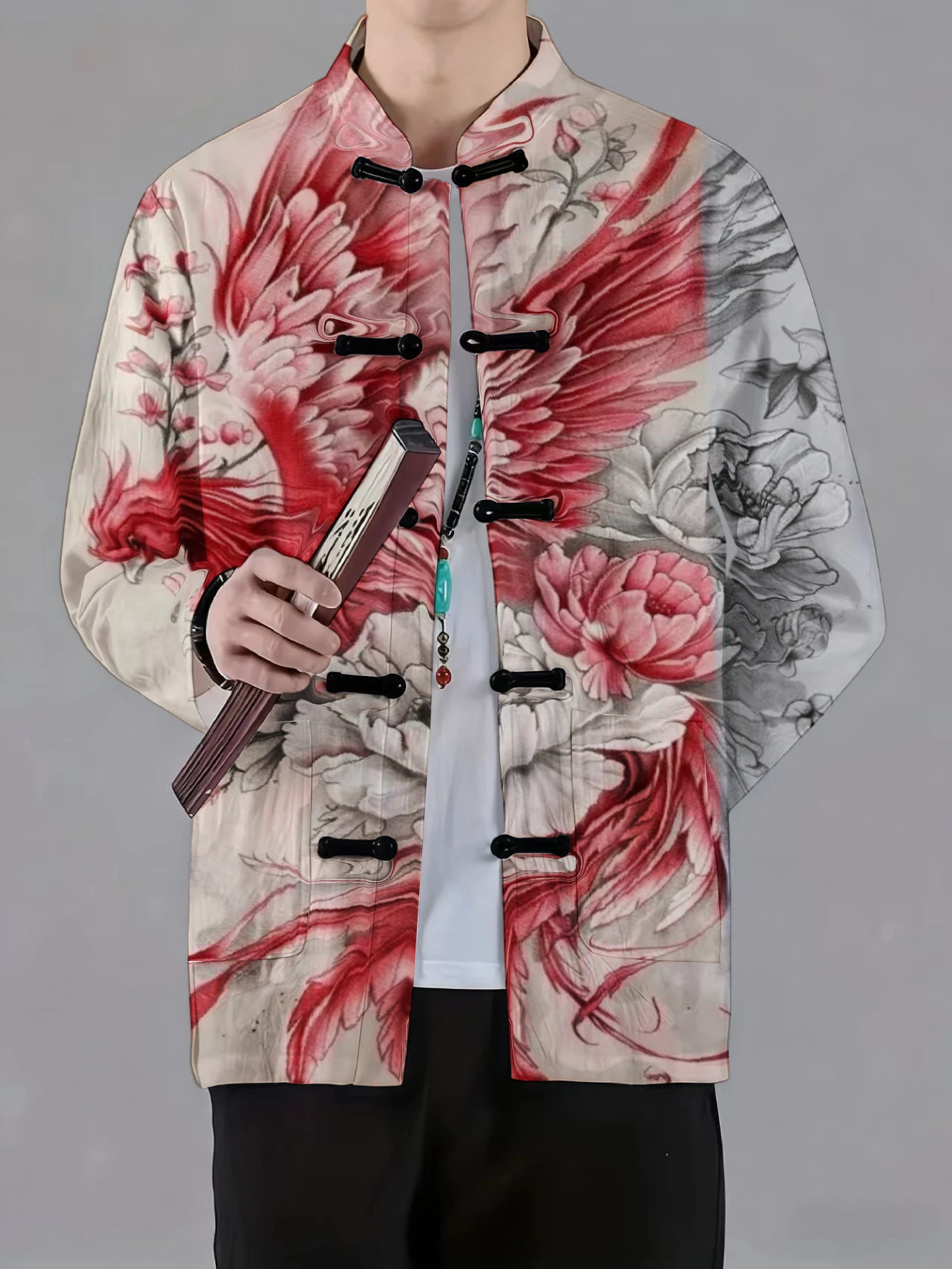 Men Men Mandarin Collar Frog Button Jacket Phoenix Floral Ink Art Print Traditional Outerwear - Aliexpress Deal
