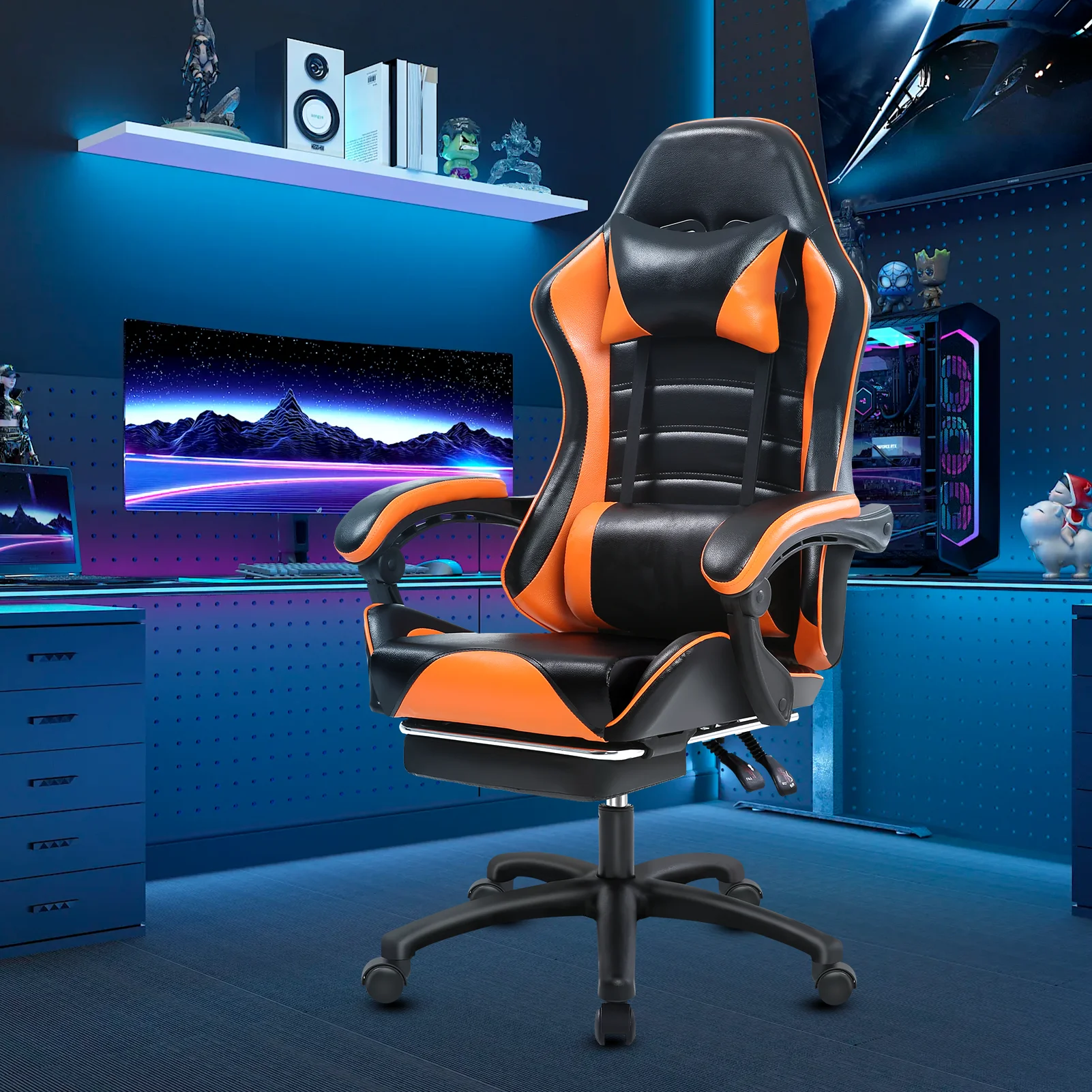 Silla de Gaming de cuero Pu con altura ajustable, silla de escritorio de oficina, ordenador con silla de ruedas