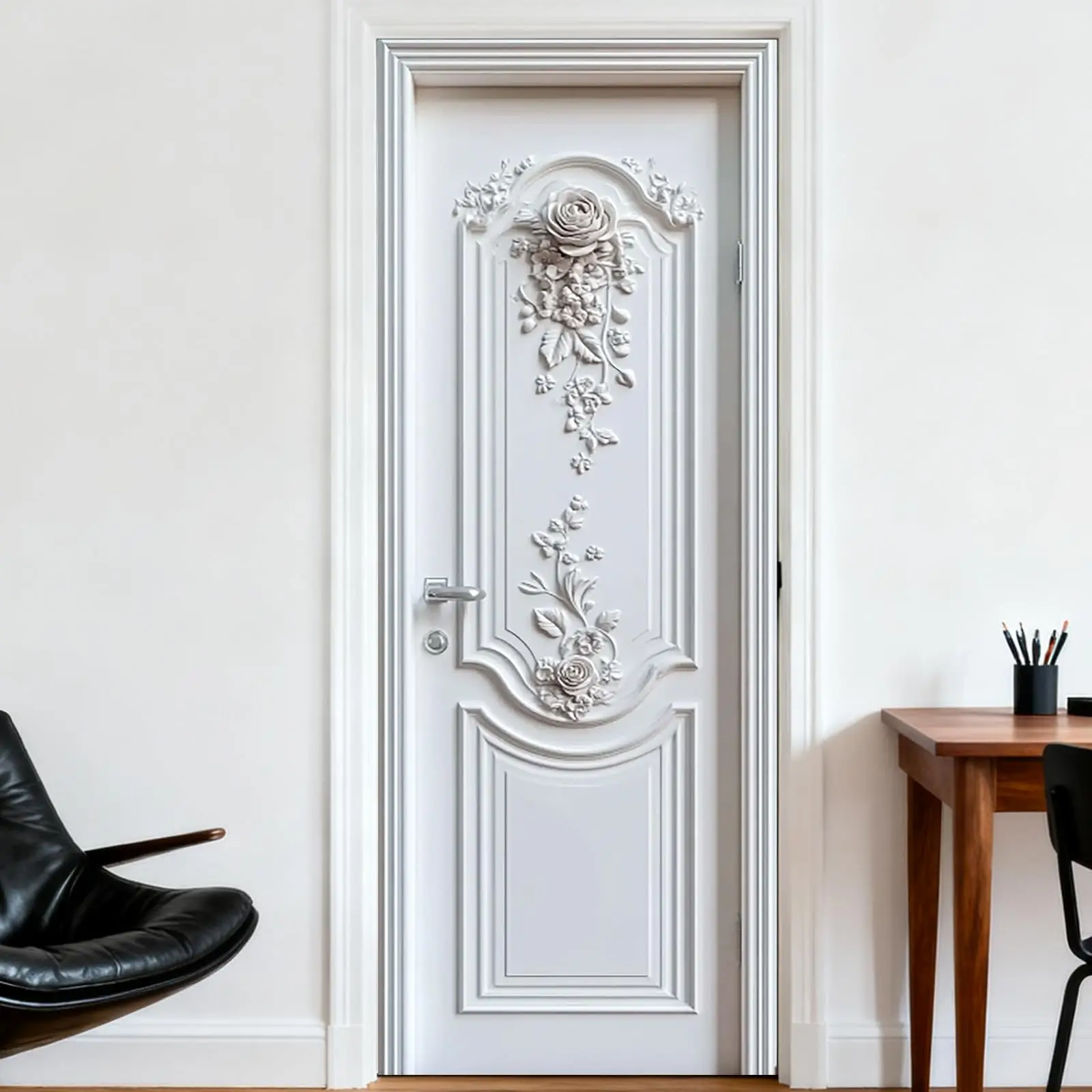 

Elegant White Floral Relief Door Sticker, Self-Adhesive & Peel and Stick, Removable Classic Art Mural for Home & Office Decor