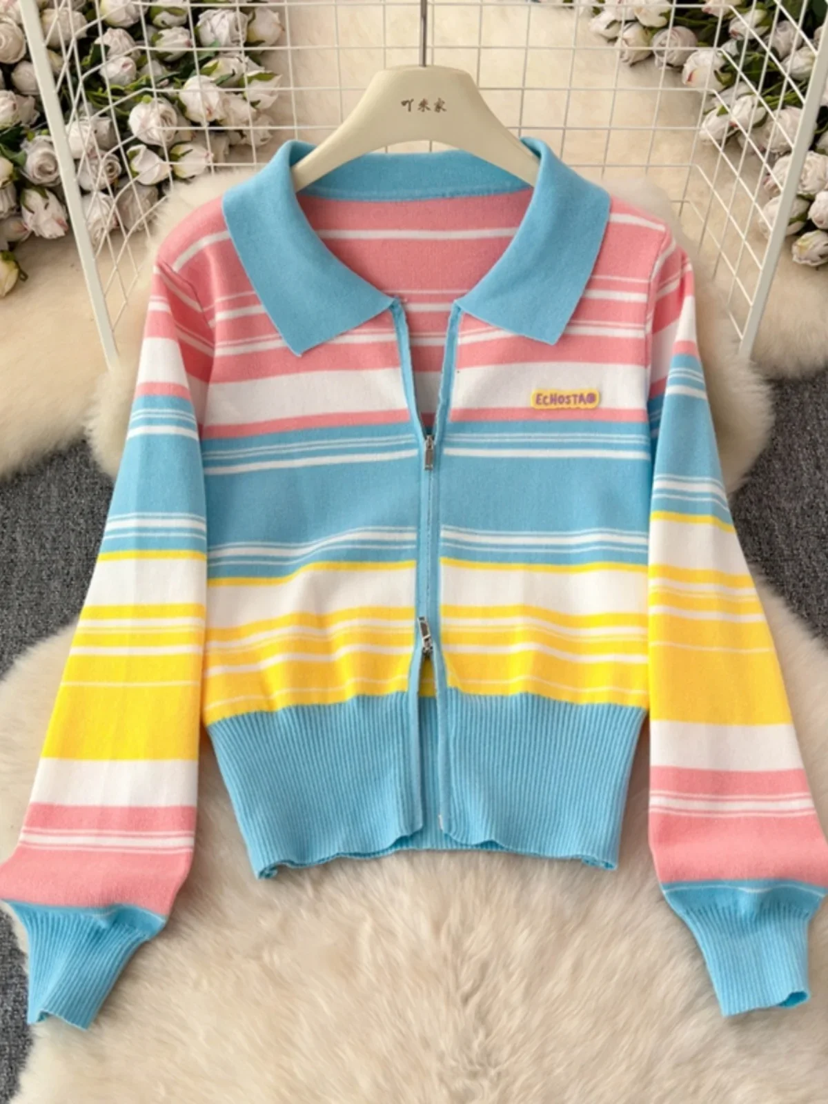 Gaganight Women Color Blocking Striped Short Style Dopamine Sweater 2024 Autumn New Rainbow Cute Outer Zipper Knitted Cardigan