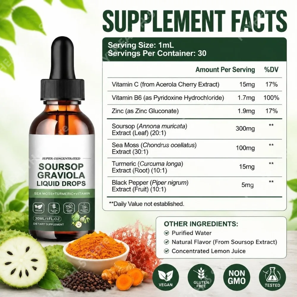 Soursop Graviola Liquid Drops with Sea Moss, Turmeric and Vitamin B6 for Antioxidant Support and Nighttime Repair, 30 ML