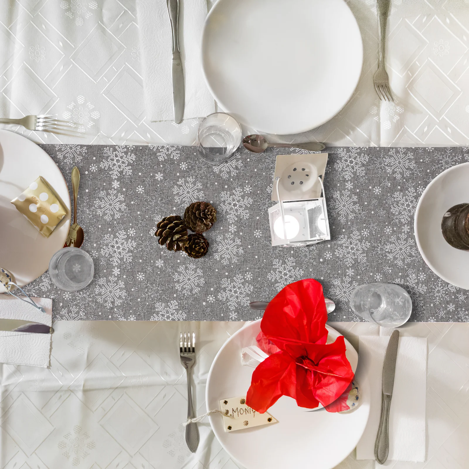 

Christmas Table Runner Printed Desk Cloth Fabric Snowflake Tablecloth Xmas Party Decor Xmas Ornament Table Runner