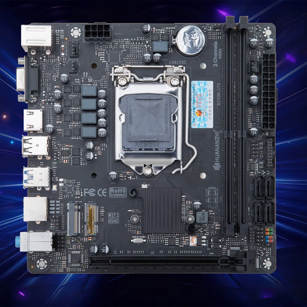 

HUANANZHI B250M-ITX Motherboard Support Intel LGA1151 Processors 2*DDR4 Dual Channels 4*Sata3.0 6Gbps M.2 2280 NVME USB For Game
