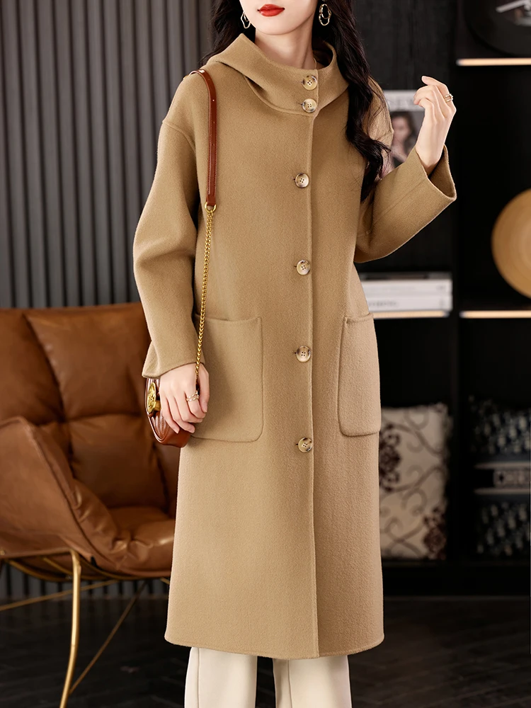 High Quality Pure Wool Coat Women Hoodie Autumn Winter Thick Warm 100% Wool Long Outerwear Trendy Styli Woolen Sweater Cardigan