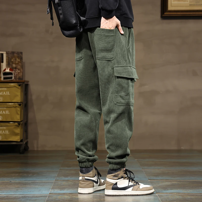Winter Thick Fleece Men's Jogging Pants Warm Comfort Sweatpants Loose Casual Fashion Korean Multi-Pocket Thermal Cargo Trousers