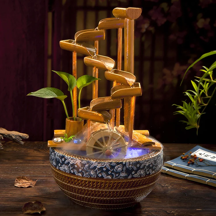 New Chinese ceramic running water fountain water feature lucky feng shui wheel creative bamboo running water table office orname - view 2