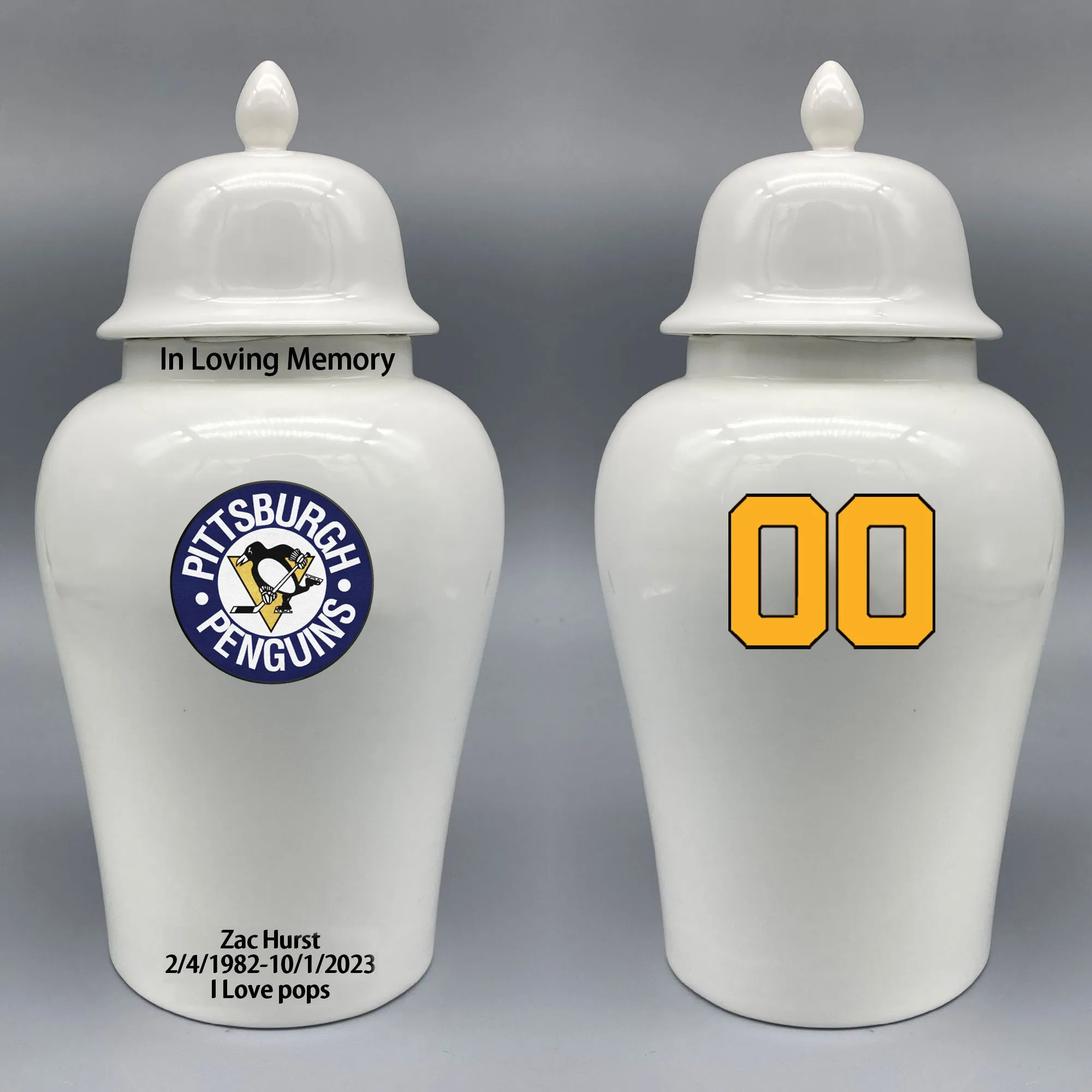 

Large Urn for Pittsburgh Penguins-themed Hockey Urn.Please send me the customize information-name/date and number on the urn