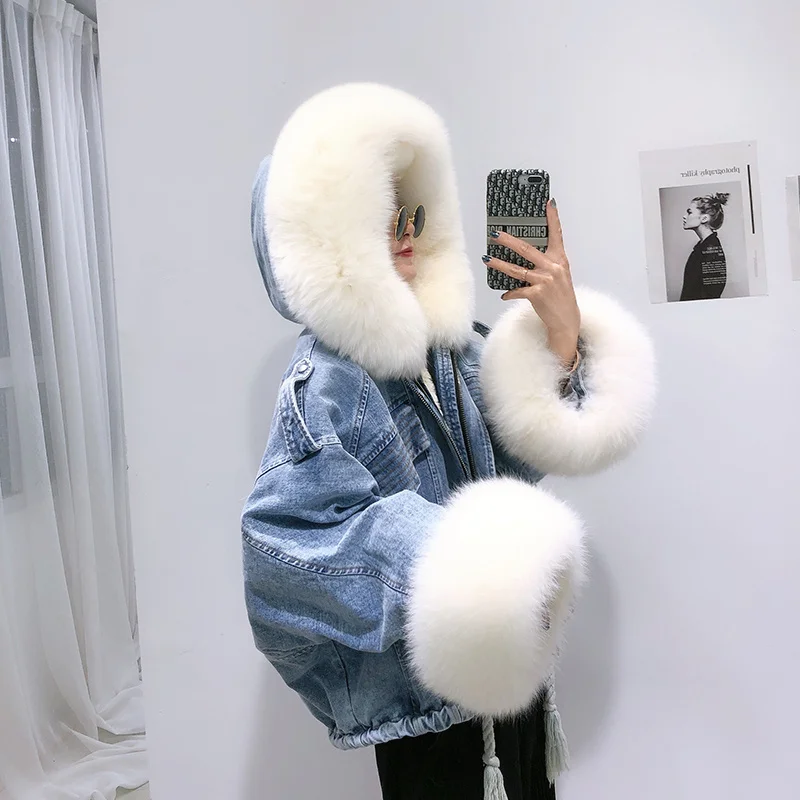 Denim Große Echt Fox Pelz Jacke Weibliche Winter 2023 Neue Abnehmbare Rex Kaninchen Pelz Liner Frau Jacke Fledermaus-ärmeln streetwear Frauen