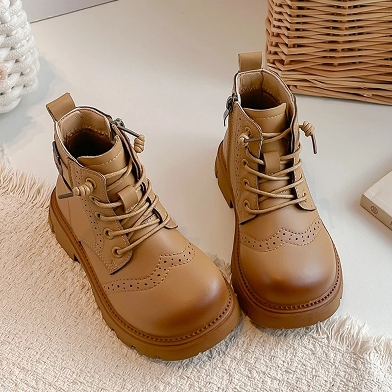 Little Boys Girls Vintage Brogue Ankle Boots Autumn Kids Lace-Up Side Zipper Buckle Strap Booties Non-Slip Rubber Sole Boots