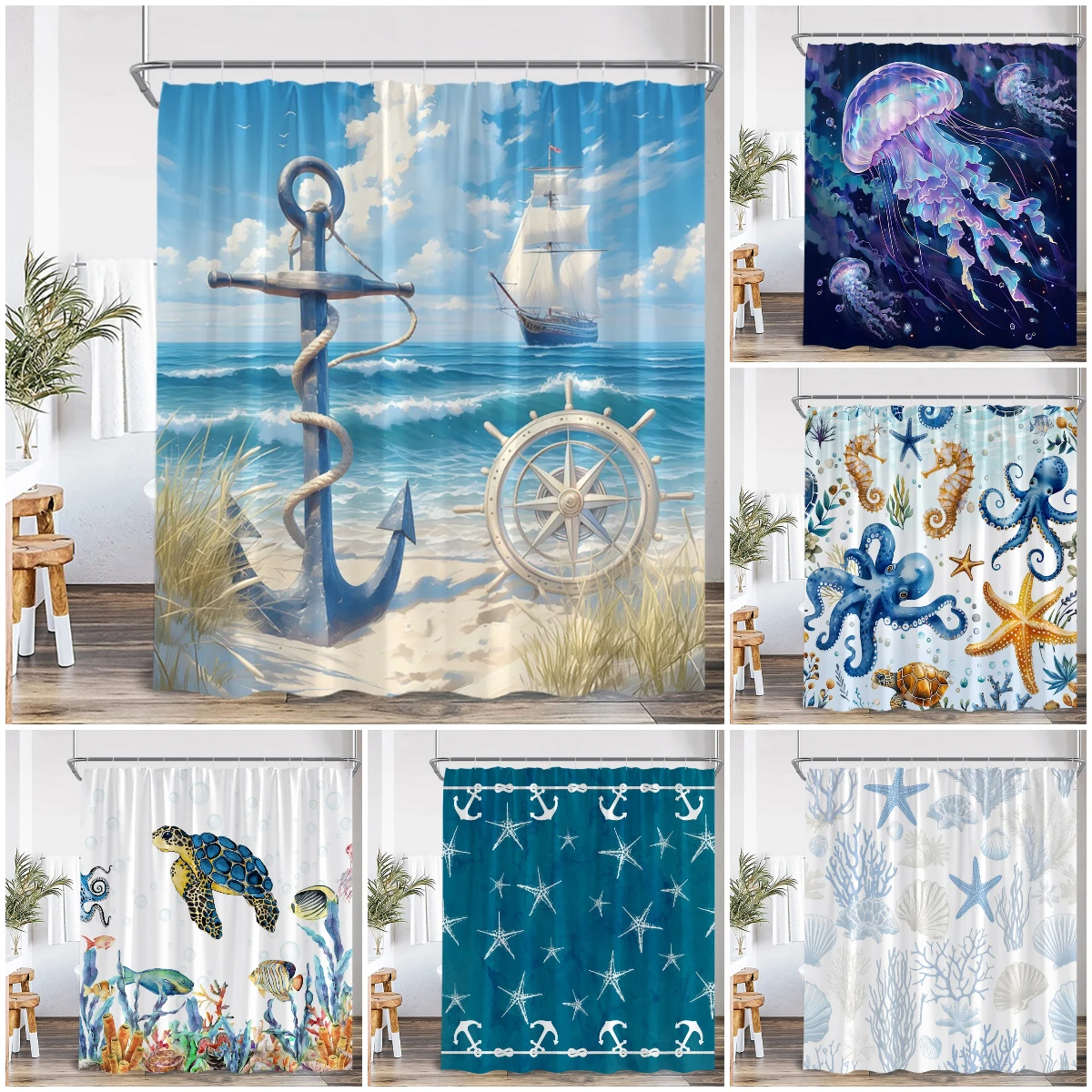 Nautical Marine Life Shower Curtain Anchor Sea Turtle Seastar Octopus Seashell Coral Ocean Summer Bathroom Curtain Decoration