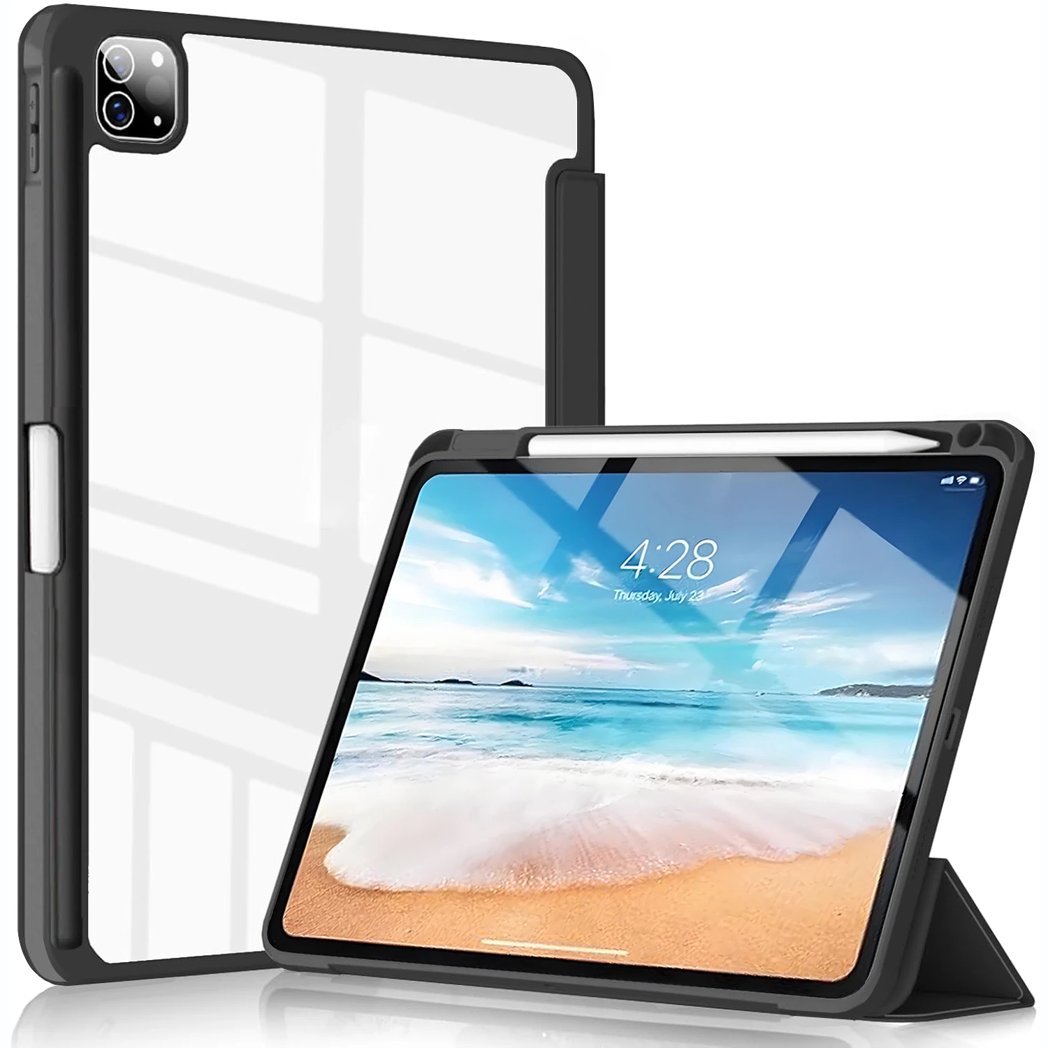 

Flip Tablet Cover For iPad Pro 11 1st 2nd 3rd 4th Air 4 5 6 7 11 M2 M3 2024 2025 Acylic Back Case With Pencil Holder Funda