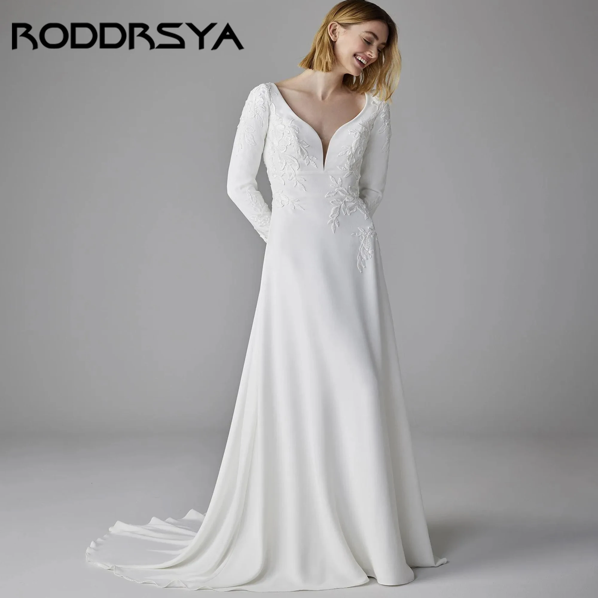 

A-Line Sweetheart Neckline Long Sleeves Keyhole Back In Crepe Wedding Dress Bridal Dress Backless Vestido De Novia Customized