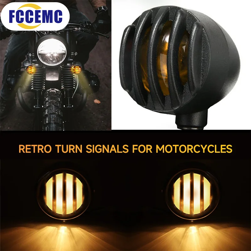 2PCS Motorcycle Turn Signal Lights Grill Bullet Indicator 12V Amber Front Rear Lamp For Harley Cafe Racer Yamaha Suzuki