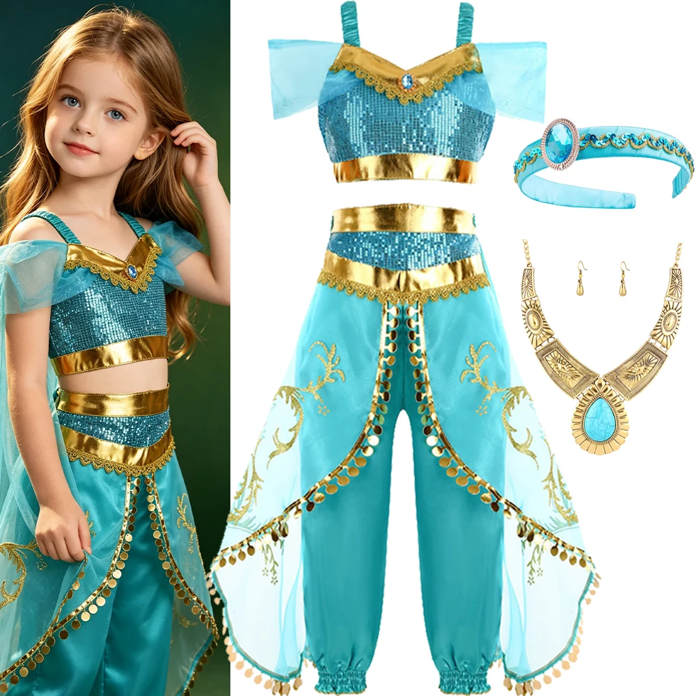 Blaues Arabisches Prinzessinnen-Verkleidungsset mit Halskette, Ohrringen und Kopfschmuck für Kinder, Halloween, Karneval, Cosplay-Kostüm – Detail 2