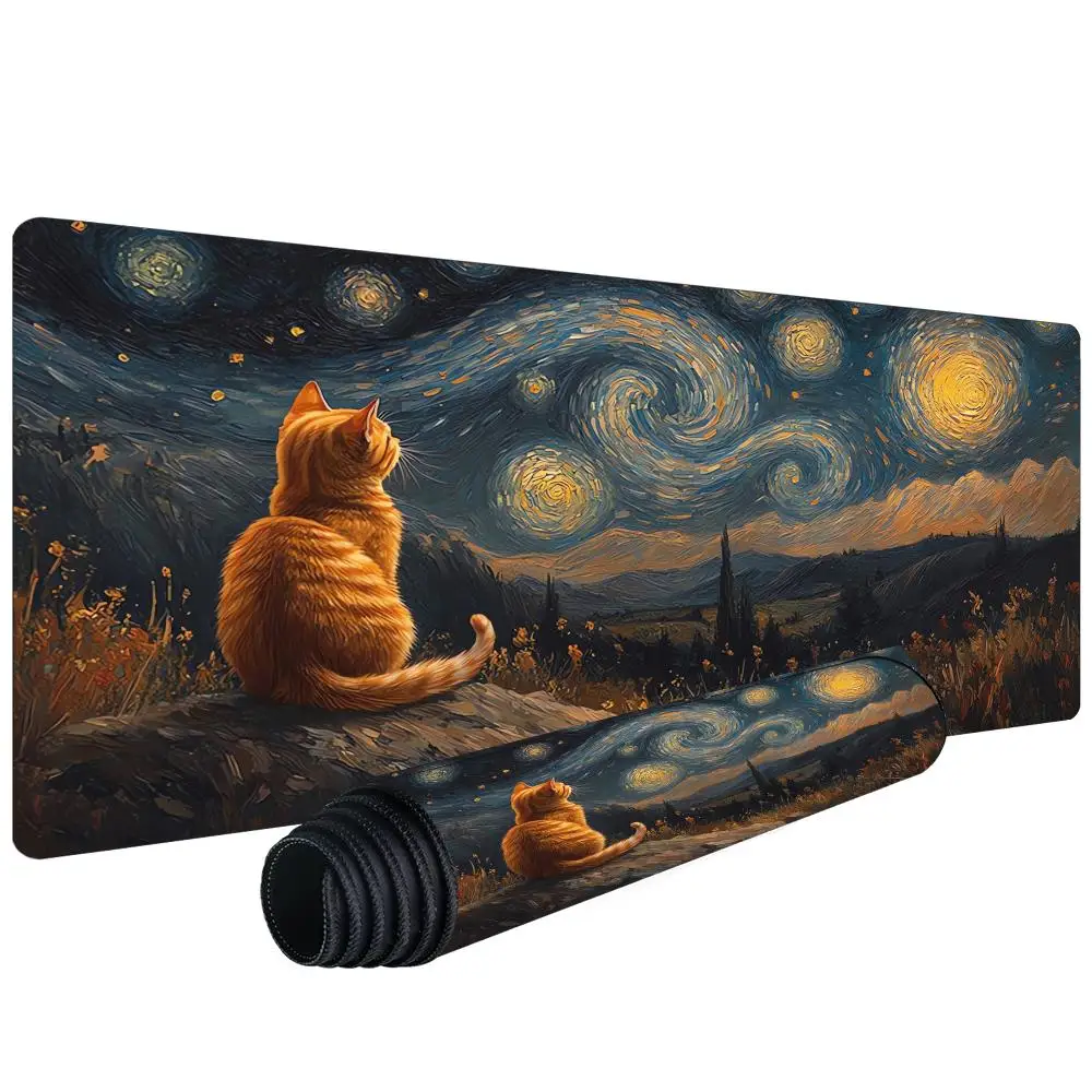 

Большой игровой коврик для мыши с дизайном «Черная кошка и звездное небо», противоскользящая резиновая основа, удлиненный коврик для стола, аксессуары для геймеров и офиса