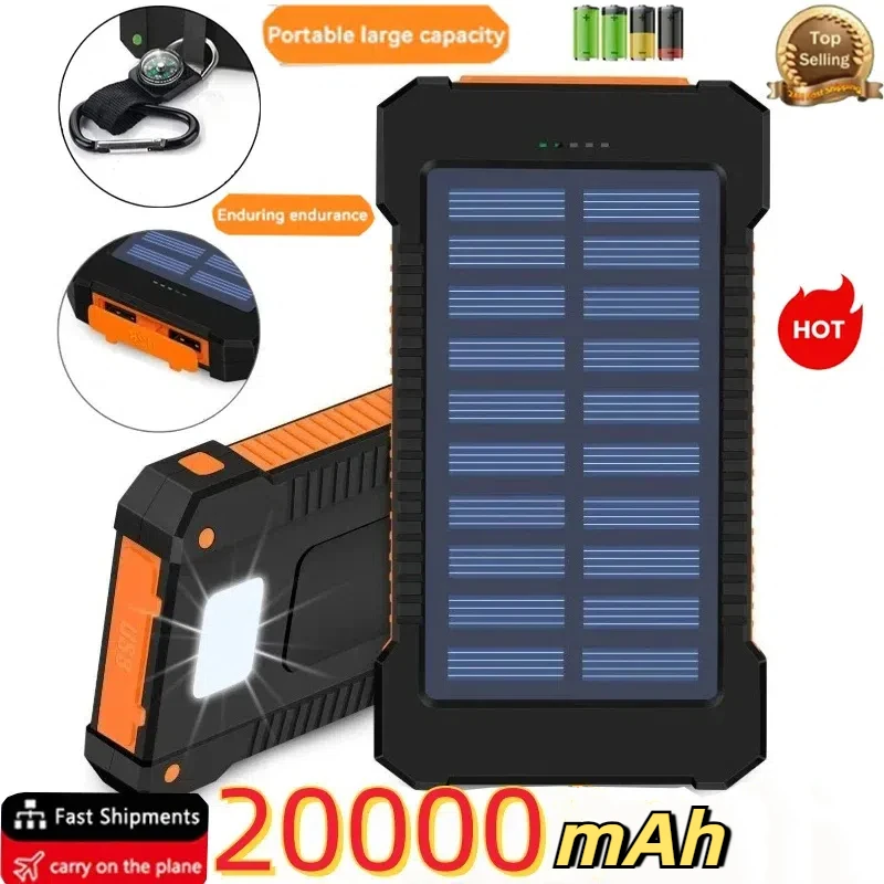 

20000mAh Large Capacity Solar Power Bank Portable Fast Charging External Battery Charger With Lanyard Compass Outdoor Powerbank