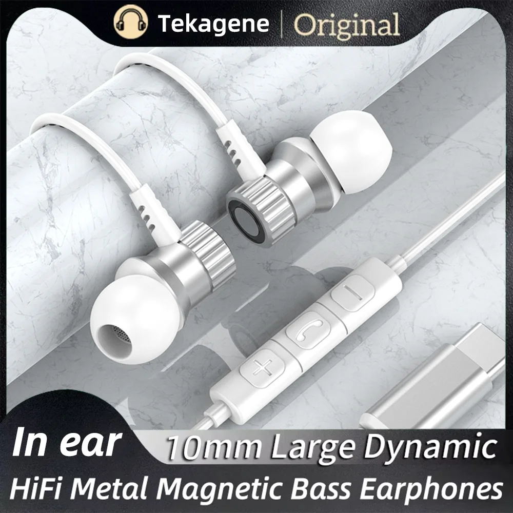 

USB Type C Earphones HiFi Metal Magnetic Bass In Ear Earbuds 3.5mm Wired Mic Headphones for Samsung Galaxy S25 S24 S23 A53 A54