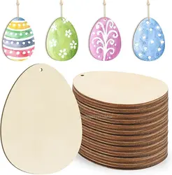 50/10pcs Wooden Easter Eggs Pendants Blank Bunny Eggs Wood Chips Happy Easter Party Hanging Decoration Kids DIY Painting Crafts