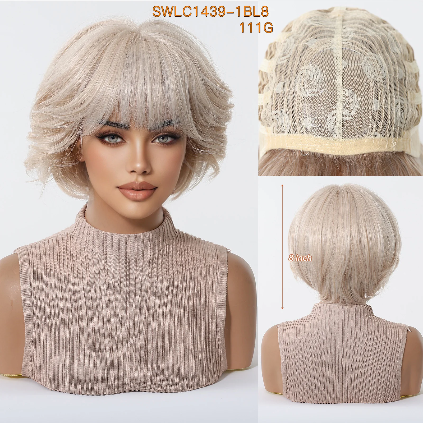 Short Bob Wig with Bangs 8 In Platinum Blonde Wavy Layered Synthetic Hair Wigs for Women Heat Resistant Daily Wear Cosplay Party