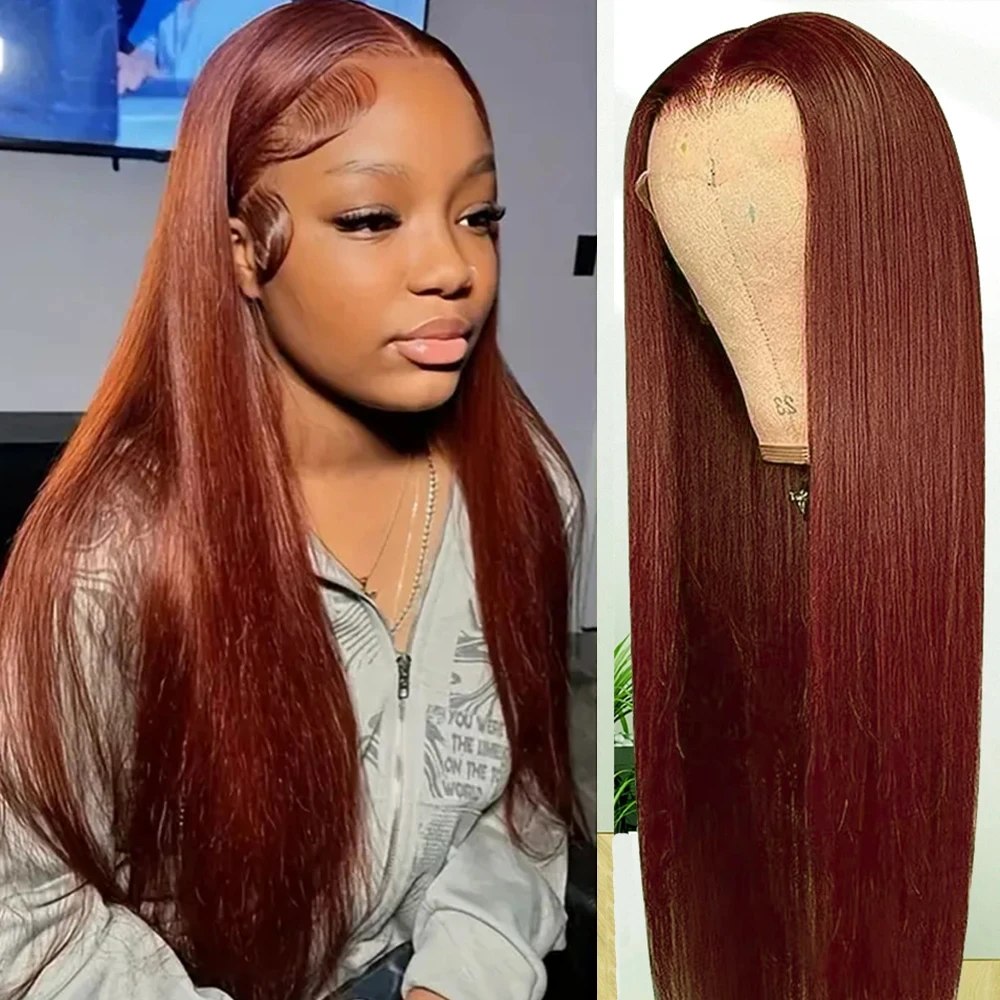 Reddish Brown Lace Front Human Hair Pre Plucked Dark Red Brown Bone Straight 13x4  HD Lace frontal Wig On Sale Clearance